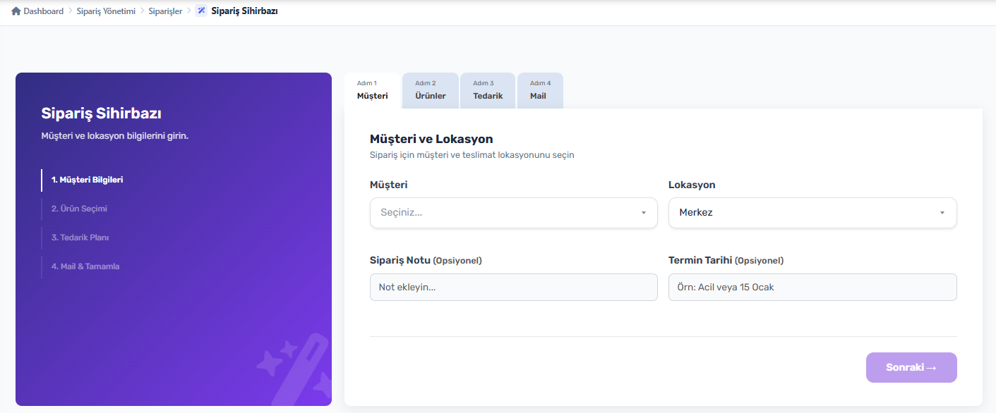 WellPro Sipariş Sihirbazı ekranı — müşteri, ürün, tedarik ve mail adımları