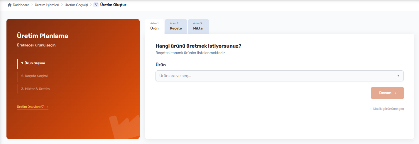 WellPro Üretim Sihirbazı ekranı — ürün, reçete ve miktar adımları